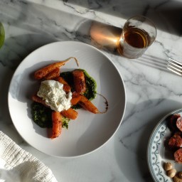 Harissa Roasted Carrots with Burrata & Carrot-Top Pesto