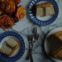 Vanilla Cake with Burnt Caramel Frosting and Milk Chocolate Ganache