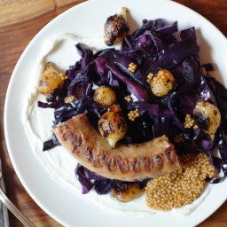 Grilled Sausages & Pearl Onions with Red Cabbage & Pickled Mustard Seeds
